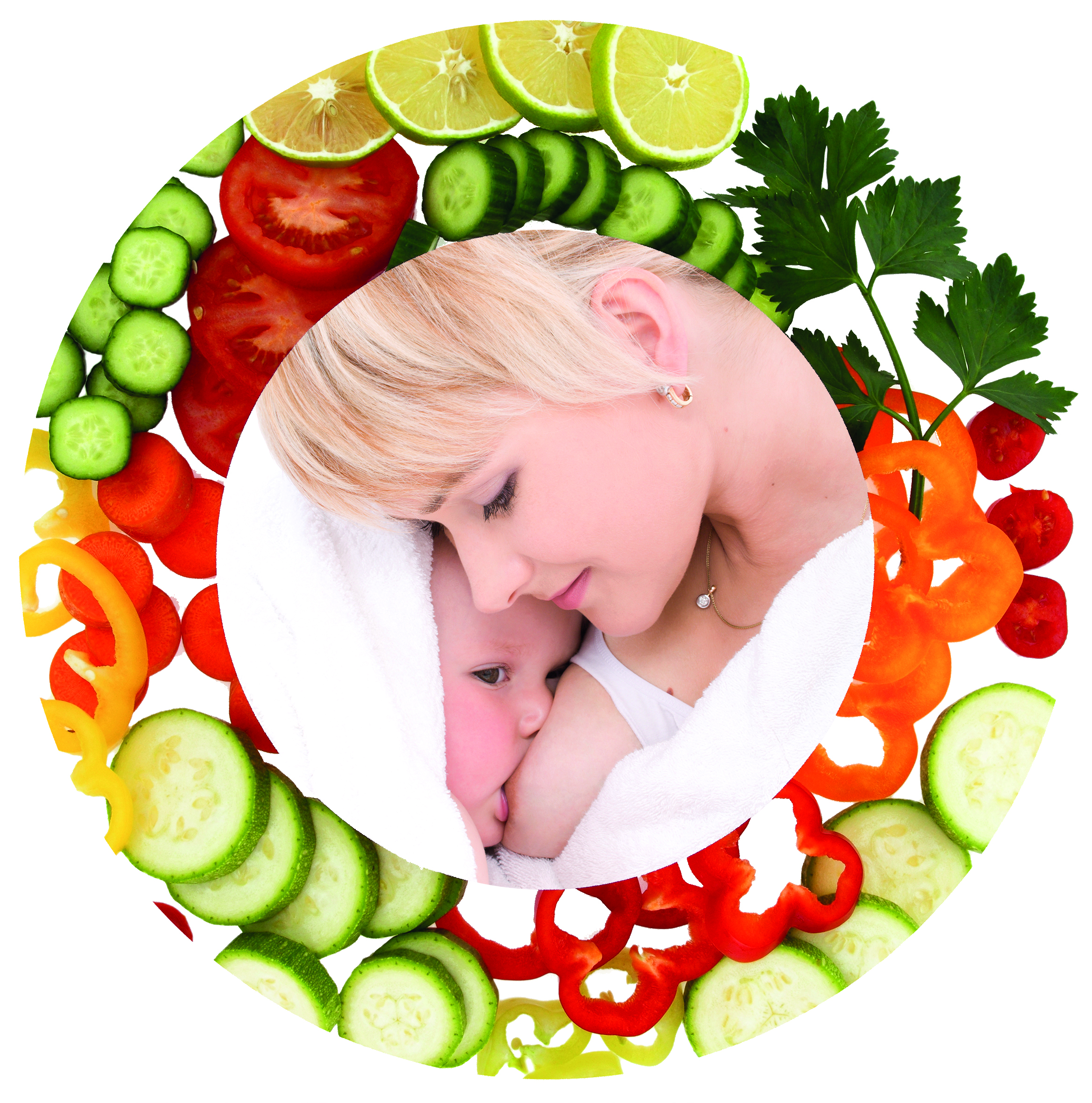 Matka karmiąca piersią dziecko, otoczona świeżymi warzywami i owocami, symbolizującymi zdrowe odżywianie i naturalne macierzyństwo.