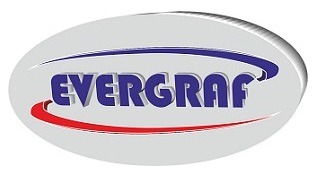 Logo Evergraf: nowoczesne, owalne, szare tło z niebieskim napisem 'EVERGRAF' i czerwonym łukiem. Idealne dla poligrafii i reklamy.
