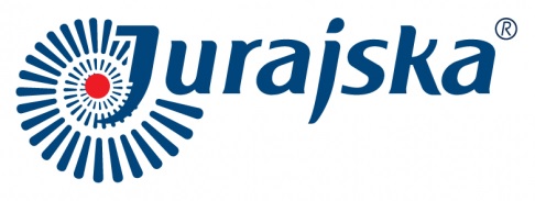 Logo Jurajska: niebieski napis z charakterystycznym symbolem słońca, idealne dla wody mineralnej i napoj&oacute;w.