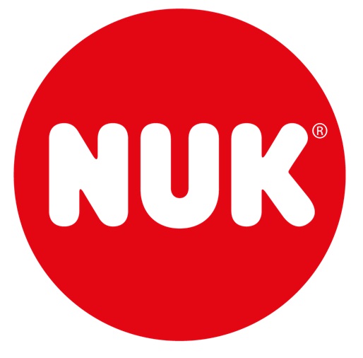 Logo NUK, czerwone koło z białym napisem NUK, symbolizujące produkty dla niemowląt i dzieci, akcesoria do karmienia, smoczki i butelki.