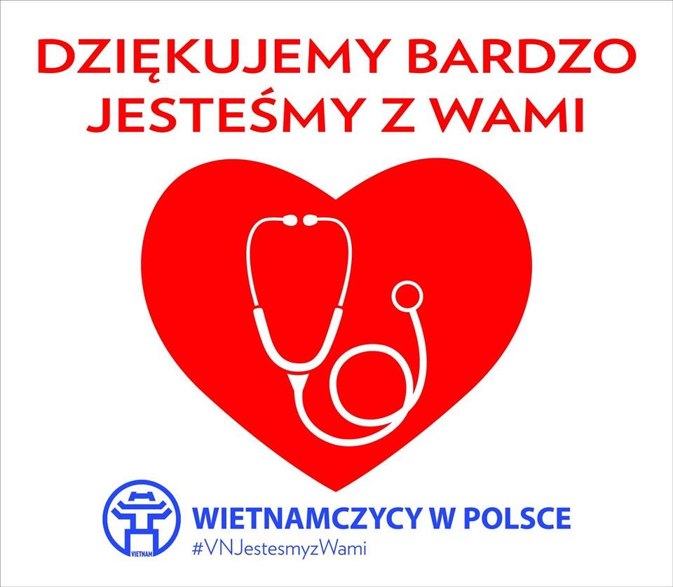 Czerwone serce z białym stetoskopem, symbolizujące wsparcie Wietnamczyk&oacute;w w Polsce dla medyk&oacute;w. Napis: Dziękujemy bardzo, jesteśmy z wami.
