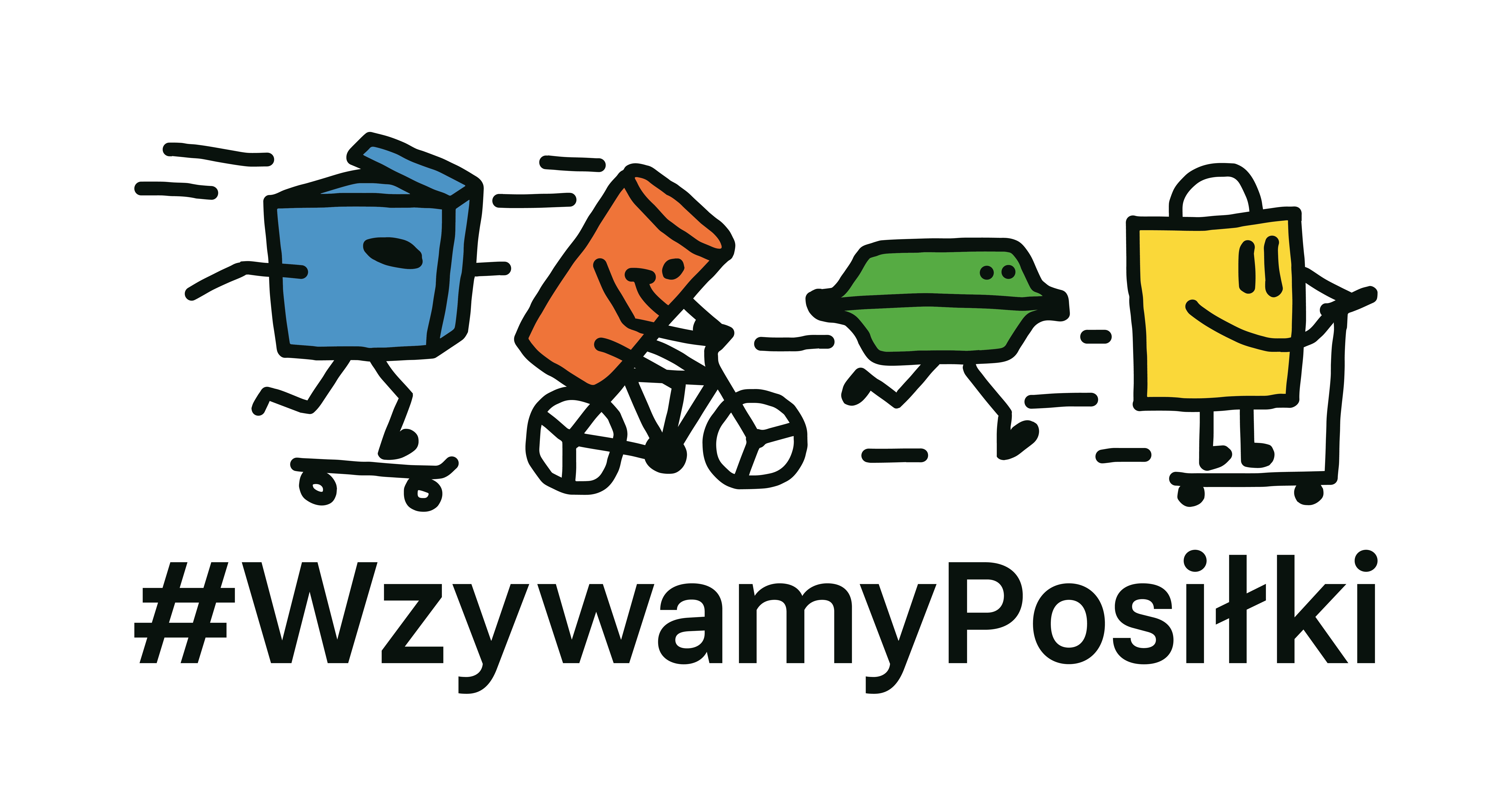 Rysunkowe postacie pudełek i torebek, symbolizujące dostawy, biegnące i jadące na rowerze, z napisem #WzywamyPosiłki. Idealne dla firm cateringowych i dostawczych.