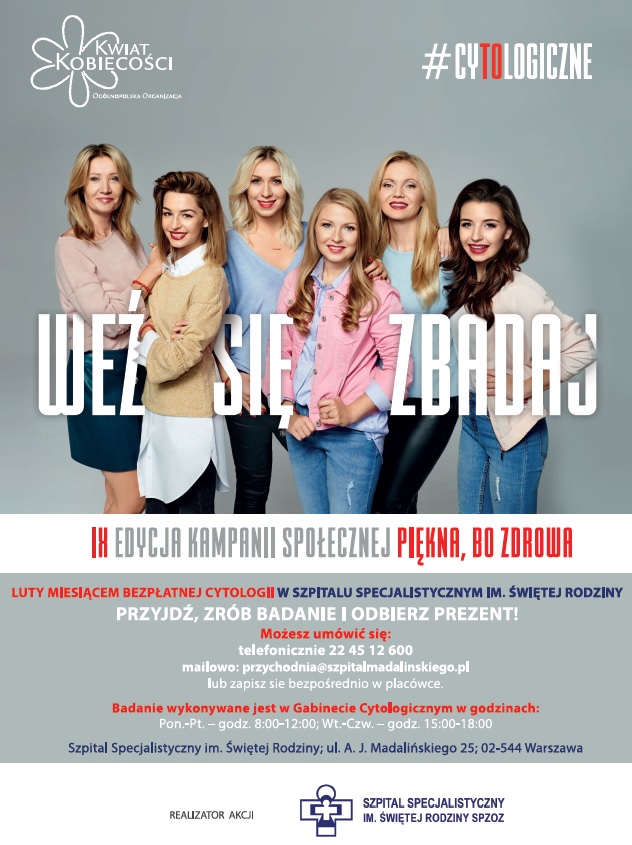 Sześć uśmiechniętych kobiet promuje kampanię 'Weź się zbadaj' i bezpłatne badania cytologiczne, zachęcając do dbania o zdrowie.